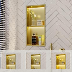 Gold 2-Tier 3 CCT LED Niche, 12"x24" No-Tile Shower Storage
shower niche with 3-Temperature LED Strip Light (4000K/6000K/3000K),Waterproof, Sturdy&Durable,304 Stainless Steel Wall Niche