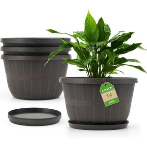 Quarut 14 Inch Plastic-Flower-Pot-for-Indoor-Plants, 4 Pack Large Outdoor Planter Pot with Drainage Holes & Saucers, Resin Decorative Garden Pots PlantersBrown