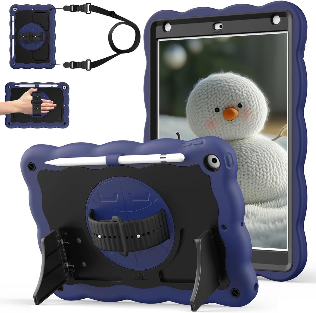 Case for iPad 9th Generation Case / 8th Gen / 7th Gen 10.2 Inch 2021 2020 2019, Heavy Duty Shockproof Protective Cover with Pencil Holder [360 Rotate Strap] & Stand, Navy Blue