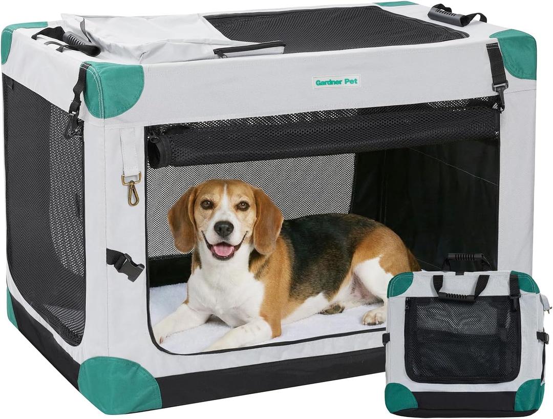 Gardner Pet Soft Collapsible Dog Crate - 30 Inch Portable Travel Dog Crate for Small/Medium Dogs Indoor & Outdoor, 3-Door Pet Crate with Durable Mesh Windows & Storage Bag, Grey