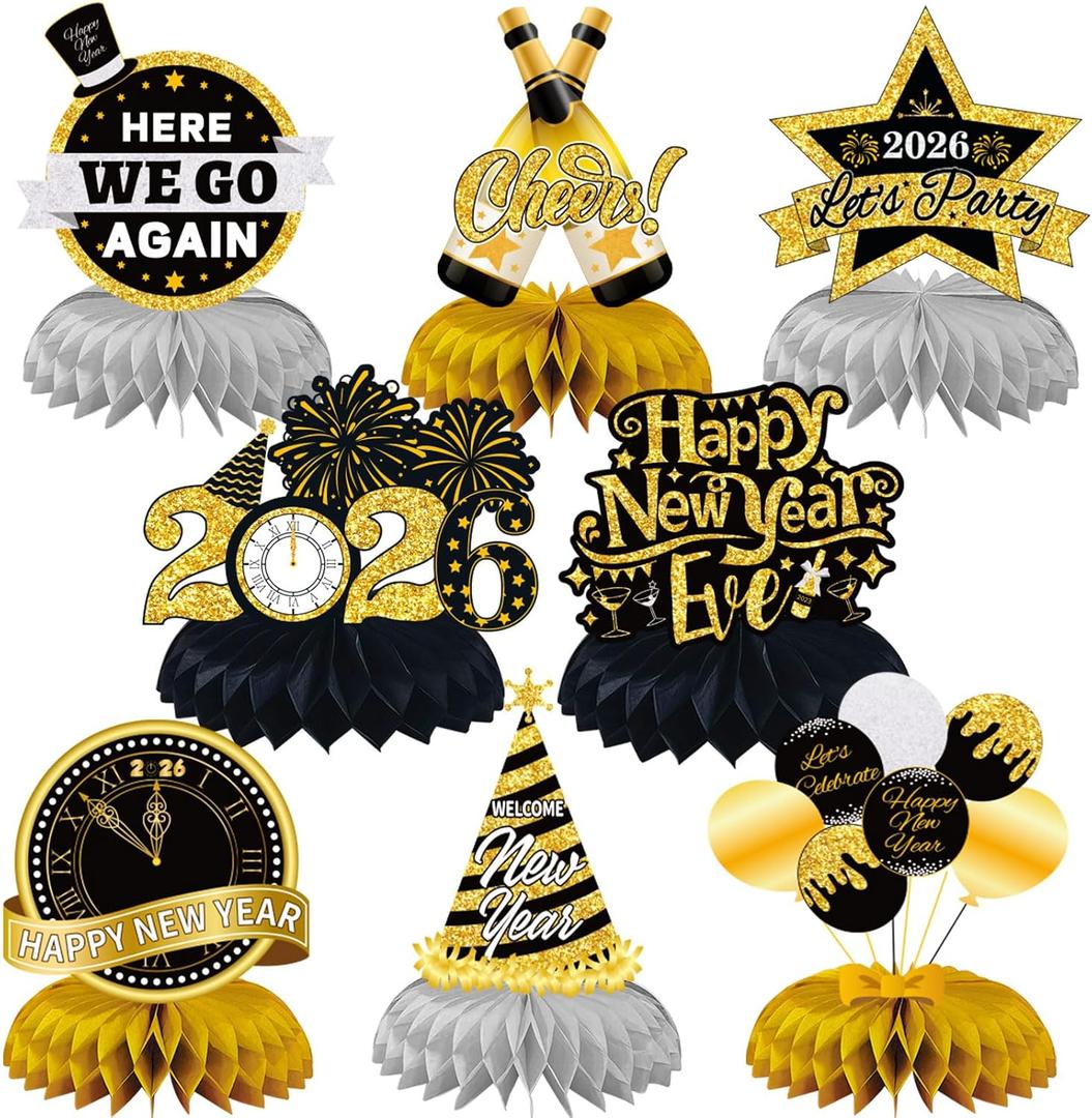 JULMELON Happy New Year Decorations 2026, 8 PCS New Years Honeycomb Centerpieces Table Decorations Black and Gold Table Toppers Decor for New Year Eve Party Supplies Favors