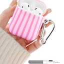 Compatible with Airpods 2nd 1st Generation Case, Cute Hot Pink Stripe Aesthetic Design with Carabiner, Soft TPU Skin Anti-Scratch Shockproof Protective Cover for Women Girls