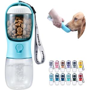 Dog Water Bottle with Food Container, Travel Puppy Water Bowl, Portable Pet Dispenser, Cat Walking and Hiking Dog Gift (10oz, #01 Blue)