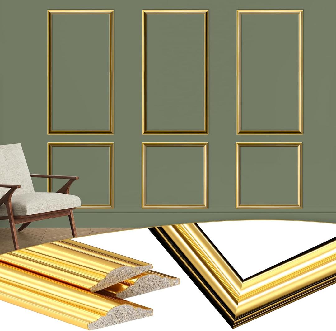 3 Set Gold Peel and Stick Wall Molding Kit 6 Frame Premade Wainscoting Accent Panel Ready to Assemble 3D Wall Panels Trim for Interior Mirror Home Molding Decor, 54 x 24 Inch