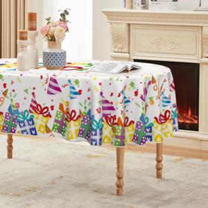 Horaldaily Birthday Tablecloth 60x84 Inch Oval, Happy Birthday Ballon White Washable Seasonal Table Cover for Party Picnic Dinner Decor