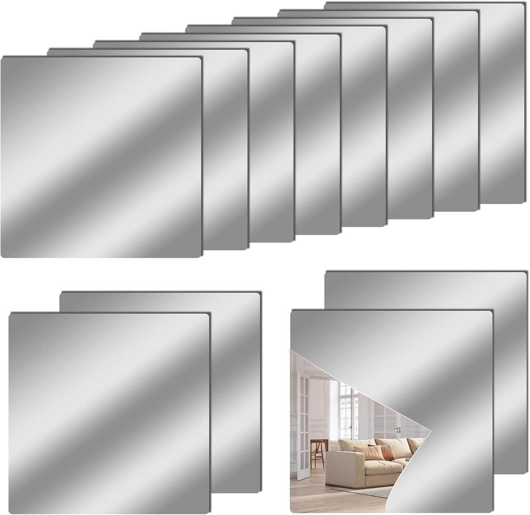 12" x 12" Acrylic Flexible Mirror Sheets, 12 Pack Self-Adhesive Mirror Tiles, Square Cuttable Wall Stickers, Non-Glass, Safety Reflective for DIY Craft Home Wall Decor