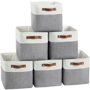 FinishingBo Cube Storage Baskets 6 Pack, 11x11 inch Cube Storage Bins with Leather Handles for Shelf Closet (White/ Gray)