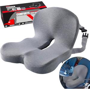 Seat Cushion for Truck Driver, Memory Foam Truck Seat Cushion with Adjustable Strap  Ergonomic Back Support & Sciatica Relief for Long Drives, Semi Truck Accessories, Light Gray
