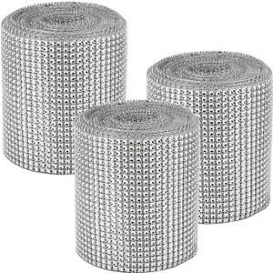SOUJAP 3 Rolls 10 Yards 24 Row Acrylic Rhinestone Ribbon, 4.7 inch Silver Diamond Mesh, Bling Wrap for DIY Crafting Making Decorations Party