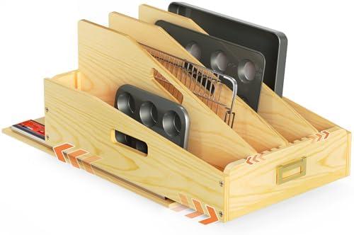 sandpaint Pull Out Organizer for Cabinets, Wooden Baking Sheet Organizer for Pans, Cookie Sheet, Cutting Board, Lids