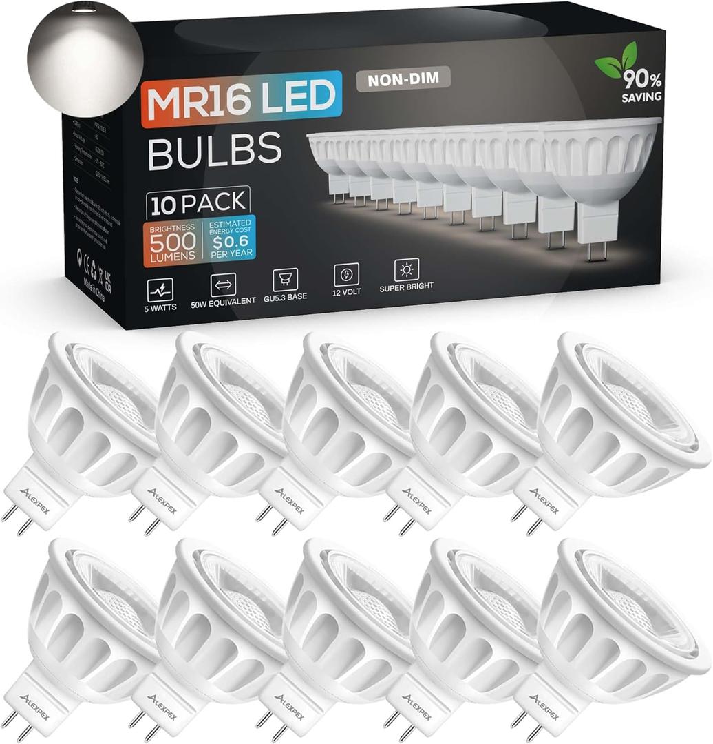 MR16 LED Bulbs 10 Pack, 5000K Daylight 500LM Lights (50W Equivalent), Non-Dimmable 40-Degree AC/DC 12V GU5.3 Bi-Pin Base, for Indoor/Outdoor Landscape Spotlight Track Recessed Lighting