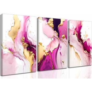 3 Pcs Pink Gold Canvas Wall art Modern Abstract Geometric Luxury Fluid Blush Marble Painting Pictures Wall Decor Posters Print Artwork for Living Room Office Bathroom Bedroom Home Decoration