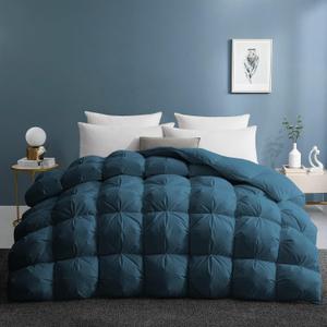 UNIKOME Pinch Pleat Goose Feather Down Comforter - 20% Extra Fill, 108oz, All Season Duvet Insert with 100% Cotton Cover, Cloud-Like Fluffiness (Navy, King,106"X90")