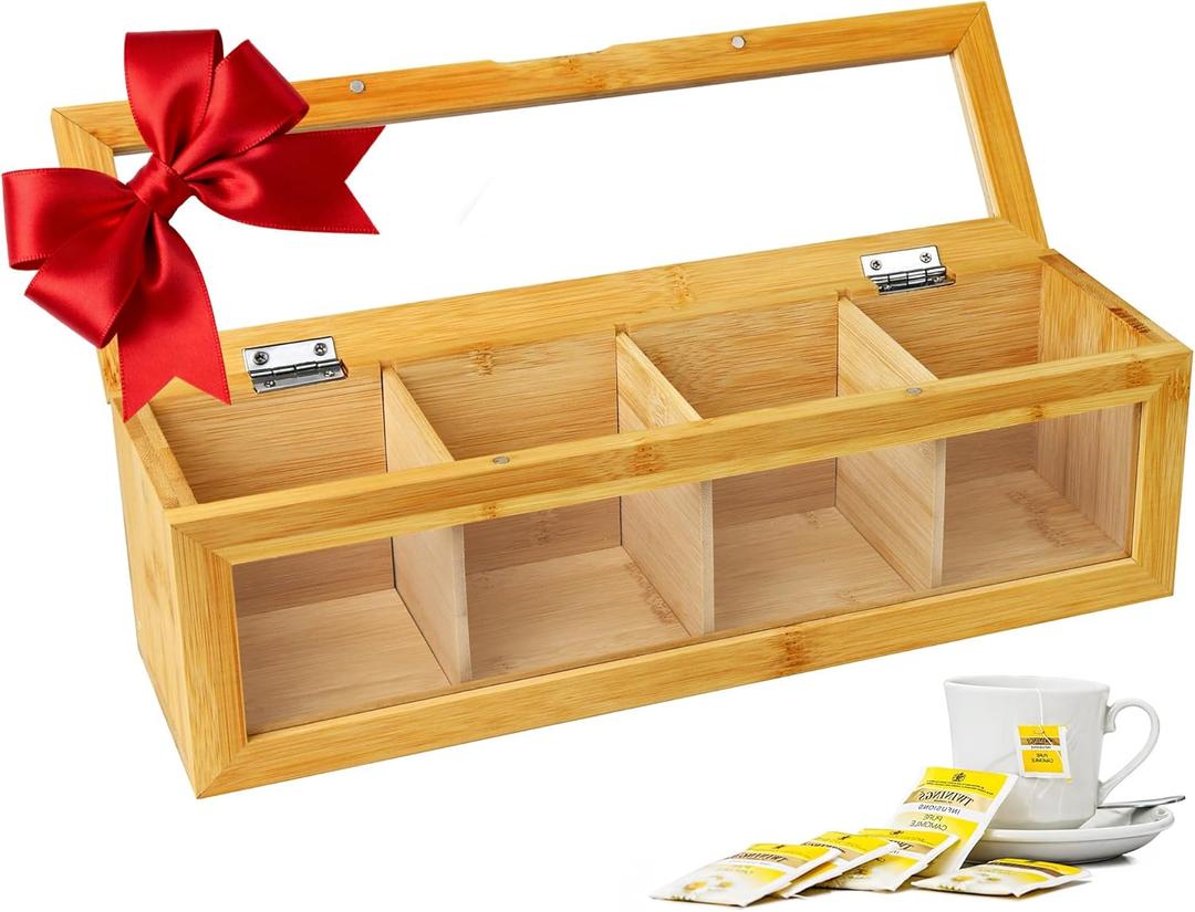 Tea Bag Organizer, Bamboo Tea Bag Holder, with Magnetic Lid & Window – 4 Compartments Tea Bag Storage for Kitchen Countertop – Eco-Friendly, Space-Saving & Giftable for Tea Lovers (13.5" x 4" x 4.1")