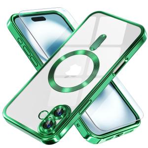Misea Magnetic for iPhone 16 Case Compatible with MagSafe [Never Yellowing] [Military Grade Drop Protection] Full Camera Lens Protector Plating Soft Clear Phone Case for Women 6.1 inch, Green