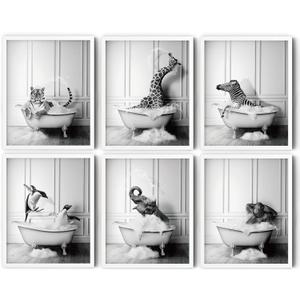 Funny Bathroom Decor Wall Art Cute Black and White Animals in Bathtub Rustic Farmhouse Home Wall Decor Giraffe Penguin Elephant Pictures Prints for Living Room Kids Bathroom,(6PCS, 8"x10", Unframed)
