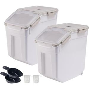 2 Pack Rice Storage Container 25 lbs, Airtight Flour Storage Containers with Lid and Wheels, Measuring Cup & Scoop, BPA Free, Bulk Food Dispenser for Sugar, Grain, Cereal, Dog Food (Grey)