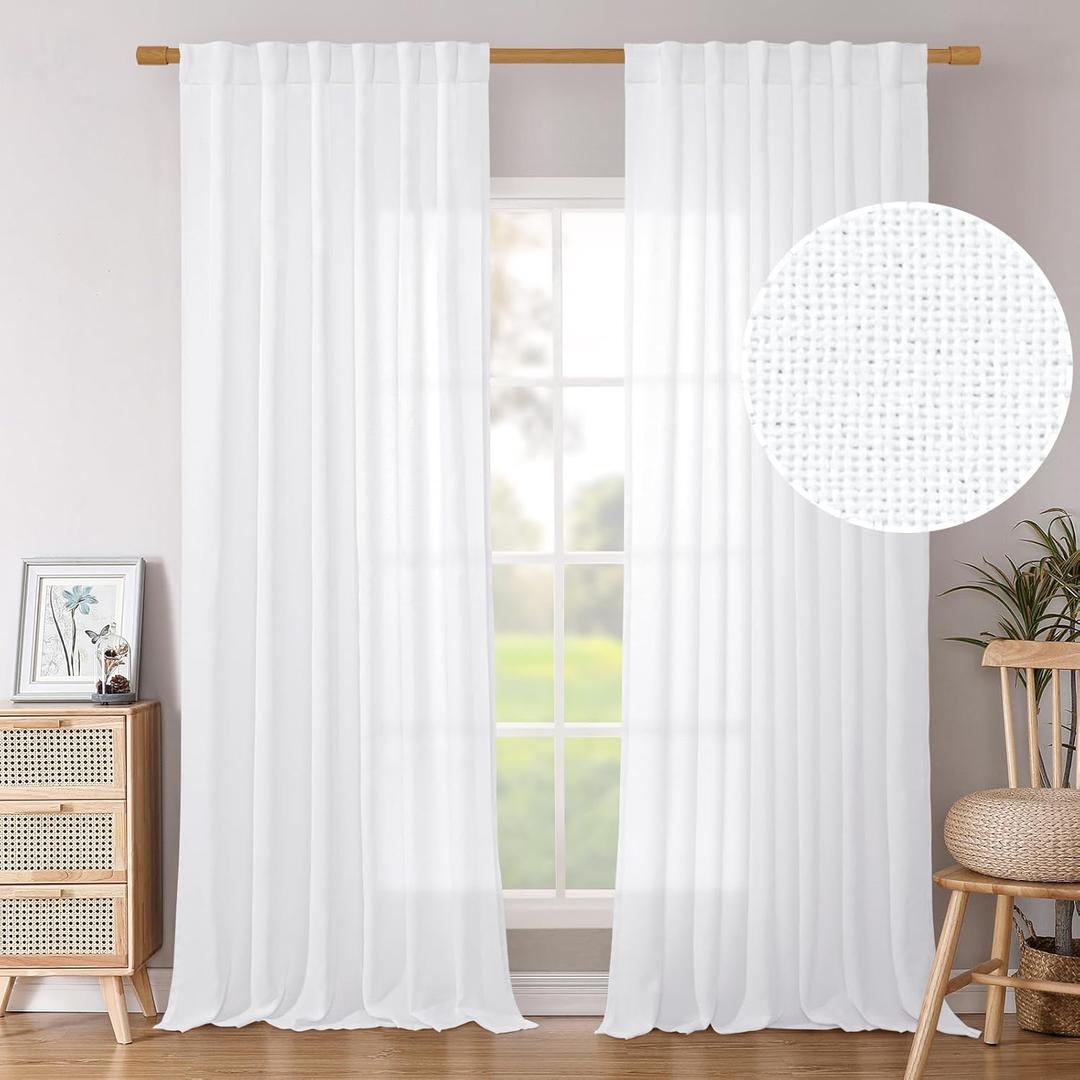 BGment White Linen Curtains 90 Inch Length 2 Panels Set, Rod Pocket Light Filtering Window Drapes Privacy for Living Room Dining Bedroom Decor Semi Sheer Back Tab, 52 Inch Wide Each Panel