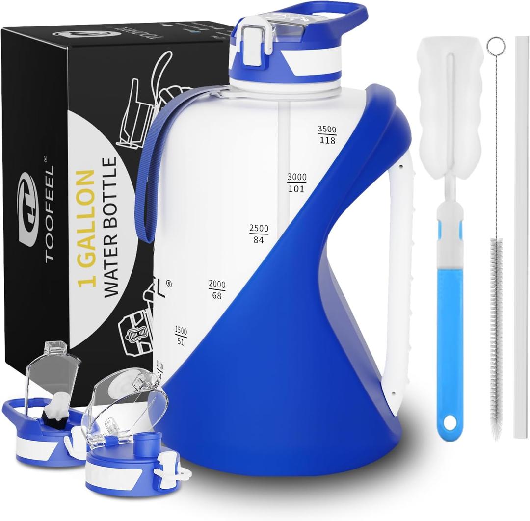 TOOFEEL 1 gallon water bottle - 128 oz water bottle with Straw & Chug Lid - BPA Free Big Water Bottle with Handle - Gym Water Bottle - Deep Blue and White