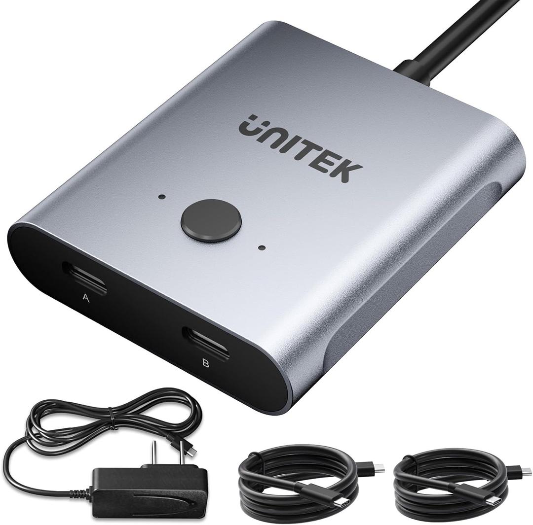 Unitek Bi-Directional USB C Switcher 1 in 2 Out /2 in 1 Out USB Switch Selector 2 Computers Share 1 Device Video Switch 10Gbps Data Transfer 8K@60Hz Video Type-C Power Adapter Included Silver