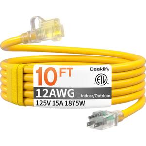 12awg 10 FT Heavy Duty Outdoor Extension Cord Waterproof with Lighted End, 12 Gauge Extension Cord Flexible and Cold Resistant 3 Prong Grounded Plug,Yellow 15Amp 1875W SJTW