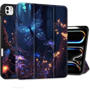 Case for M4 iPad Pro 11 inch 2024 Released Model A2836/A2837/A3006, Shockproof Tablet Case with Pencil Holder & Auto Wake/Sleep & Soft TPU Back Cover, Glowing Butterfly