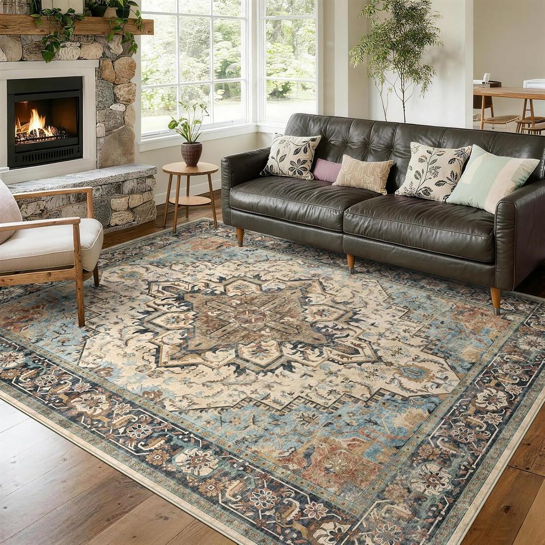 8x10 Machine Washable Area Rug for Living Room, Blue Beige Boho Vintage Floral Rug Large Non-Slip Low Pile Soft Faux Wool Carpet, Kids and Pets Friendly for Bedroom Dining Room Farmhouse Decor Rug