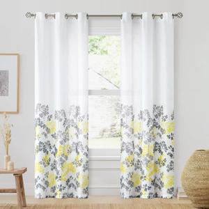Print Semi-Sheer Eyelet Ring Farmhouse Curtains 96 Inches Long for Living Room Bedroom, Gray Yellow Floral Pattern on White Linen Textured Drapes, Grommet Top Window Treatments 42"W 2 Panel Sets