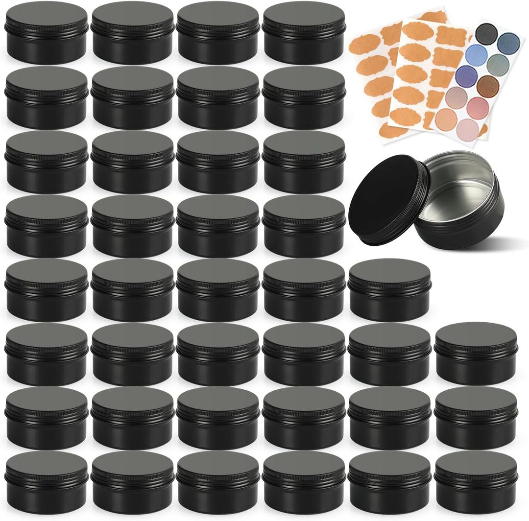 3oz Black Aluminum Tin Containers with Screw Lids, 40 Pack Refillable Cosmetic Jars, Round Salve Tins, Tea Cans, Bulk Food Storage Jars, Candle Travel Tins