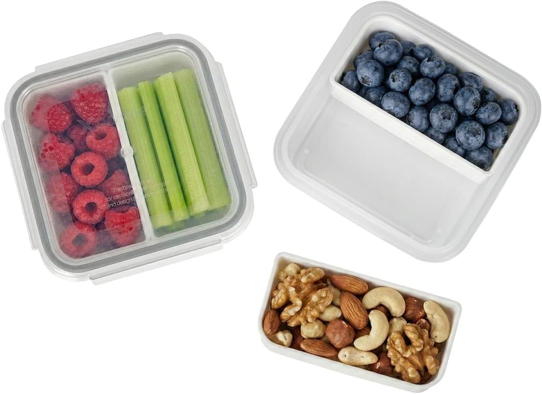 carrotez 2 Compartment Small Snack Containers, Mini Snack Containers for Mini Fridge, Small Divided Food Storage Containers, Airtight Lids, Reusable, 1.1 cup, 2 PACK (White)