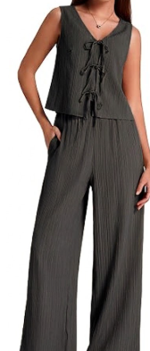 Women's Pants and A TBeryLove Two Piece Summer Matching Sets For Women Airport Vacation V Neck Crop Tank Top Wide Leg Pants 2 Piece Set 2025 Lounge Outfits 606 Black Mshirt