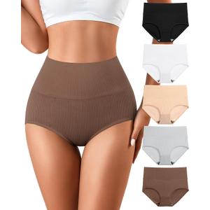 J-pone Womens Underwear Cotton High Waisted Strech Soft Full Coverage Briefs Ladies Postpartum Panties 5 Pack (M)