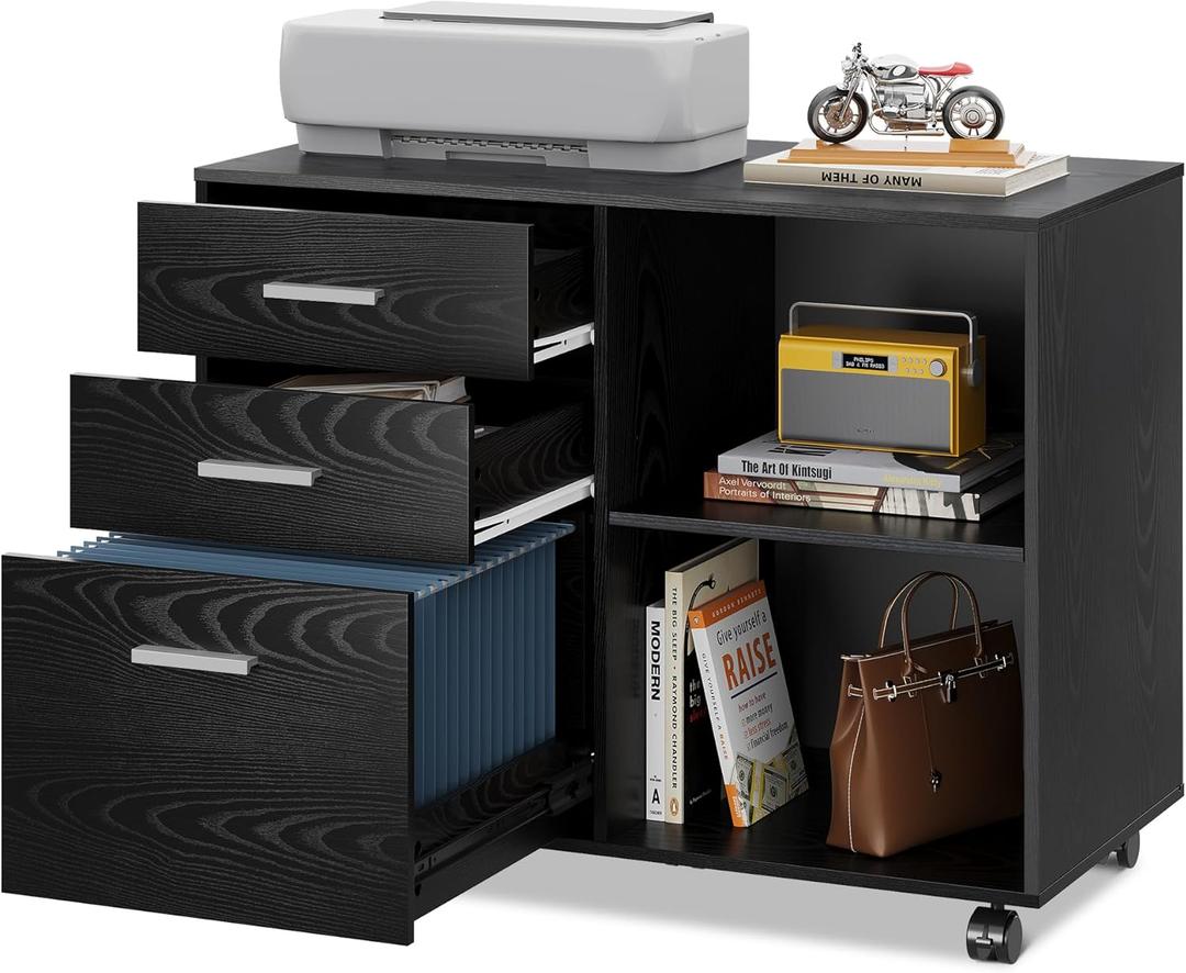DEVAISE 3 Drawer Mobile File Cabinet, Wood Lateral Filing Cabinet, Printer Stand with Open Shelves for Home Office, Black, 15.7"d X 31.3"w X 24.7"h