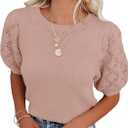 Womens Short Sleeve Sweaters Crewneck Knit Pullover Tops 2025 Summer Casual Lightweight Crochet Blouse Shirt Medium