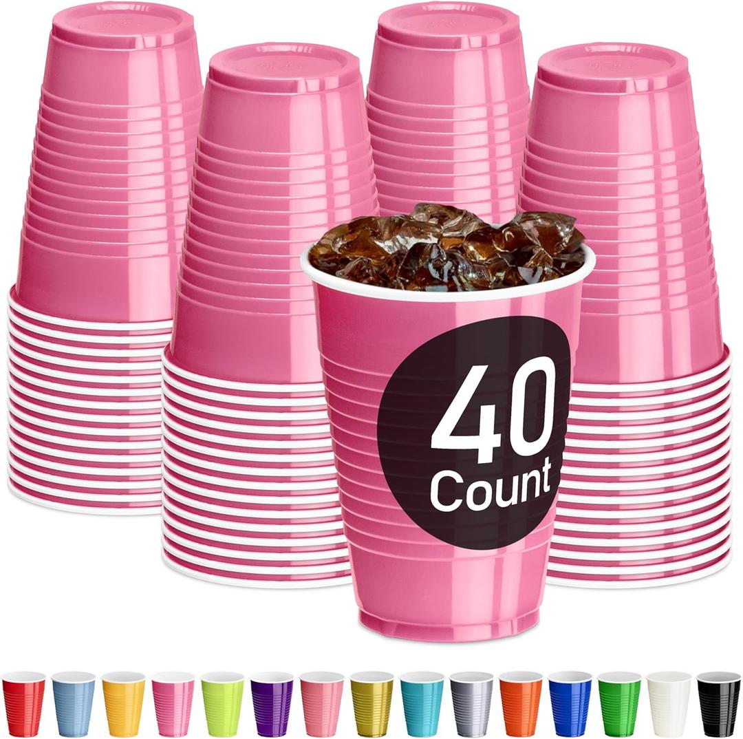 DecorRack Pink Plastic Cups, 12 oz Disposable Cups, Reusable Party Supplies (40 Count)