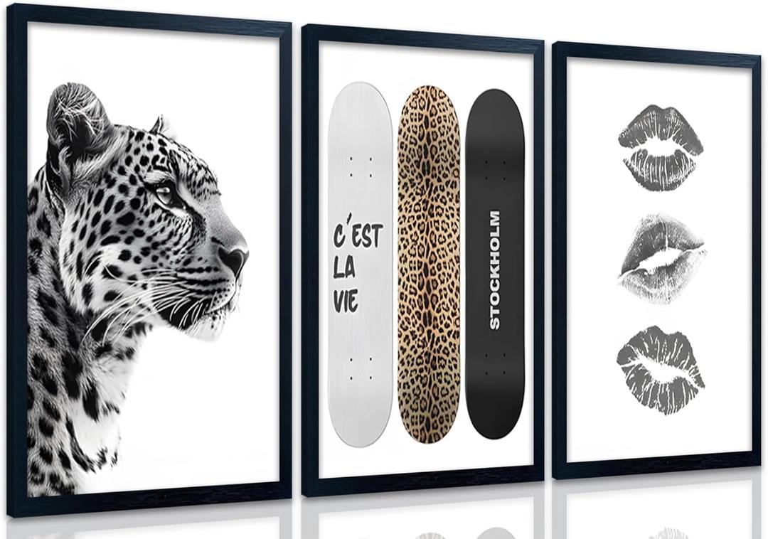 Framed Stockholm Style Canvas Wall Art Set of 3 Black and White Fashion Leopard Print Lips, Preppy Room Aesthetic Cheetah Wall Decor for Girls Bedroom Apartment or Dorm12x16 Inch Black Wood Frame
