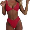 geluboao Bikini Set for Women Solid V Neck Knot Front Push Up High Leg Thong Two Piece Swimsuit XL