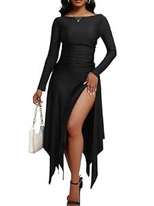 Mojessy Women Sexy Bodycon Maxi Dress Boat Neck Long Sleeve Ruched Waist High Split Long Dress Birthday Outfits Black, Large 