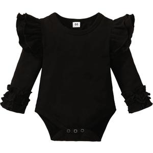 Baby Girl Solid Color Romper Infant Ruffle Sleeve Bodysuit One Piece Outfit Toddler Jumpsuit clothes (Black), 6-9 Months
