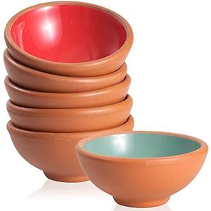 KUYUCU Small Pinch Bowls – 2.5 OZ Terracotta Sauce Cups with 2 Wooden Spoons – Prep Bowls, Dipping Bowls, Soy Sauce Dish, Dessert Bowls - Set of 5 Multicolor