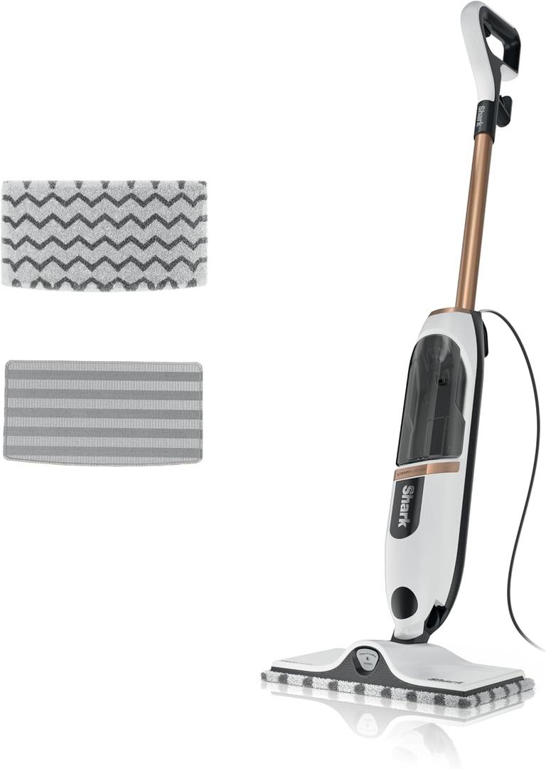 Shark SteamSpot Steam Mop with Steam Blaster Technology, White, S2001 | 3 Steam Modes, 2 Washable Dirt Grip Pads, XL Removable Tank, Lightweight, Targeted Steam, Steam Sanitization on Hard Floors