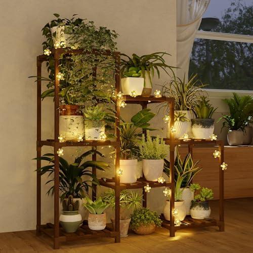 Bamworld Plant Stand Indoor with Flower Fairy Lights Battery Plant Shelf Wood Plant Rack for Multiple Plants 3 Tiers Ladder Plant Holder for 7 Pots for Living Room Home Decor for Gardening Gifts