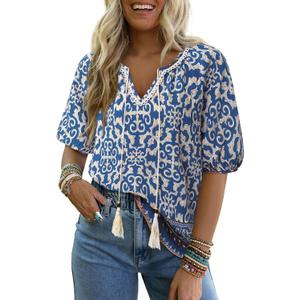 Vivilli Womens Summer Boho Tops Casual V Neck Short Sleeve Blouses Floral Print Shirt Tie Front Flowy Vacation Clothes, M