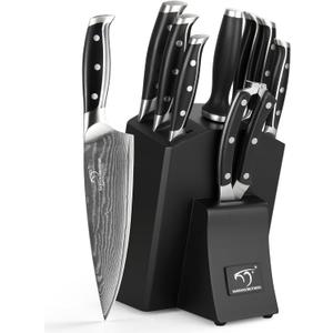 Damascus Kitchen Knife Set with Block  Razor Sharp 67-Layer VG10 Steel, Triple Rivet Handles, Chef, Santoku, Utility, Bread & Paring Knives, Sharpener, Shears, Black, 9PCS (NF-D0604T- B)