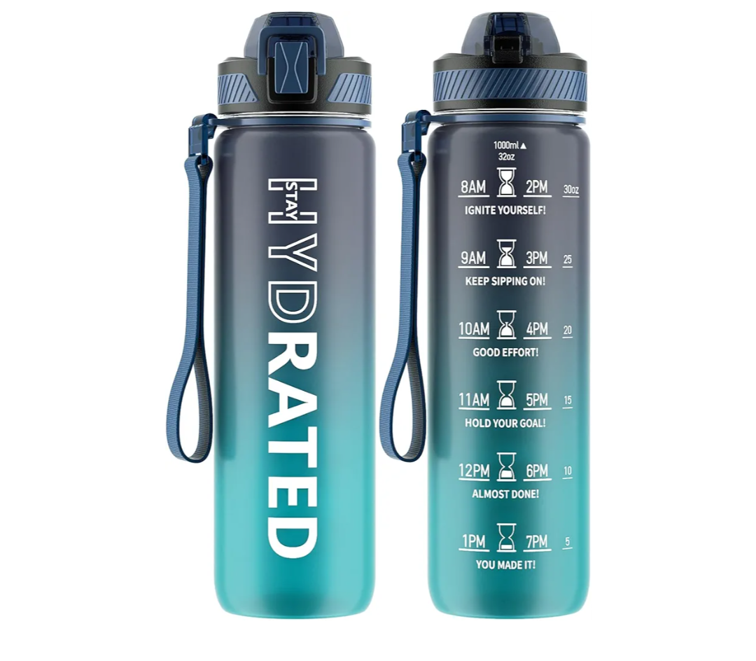 Water Bottle with Straw, 32oz Motivational Water Bottles with Time Marker to Drink, Tritan BPA Free, 1L Sports Water Bottle with Carry Strap LeakProof for Women Gym Fitness Outdoor (1 Pack)