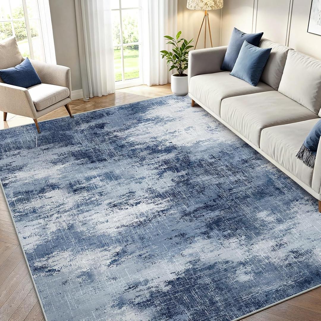 AMADA HOMEFURNISHING 5x7 Area Rugs for Living Room, Modern Abstract Washable Rug Neutral Soft with Non-Slip Backing & Low Pile Kids Rug for Resistant, Bedroom, Nursery Home Office, Dark Blue