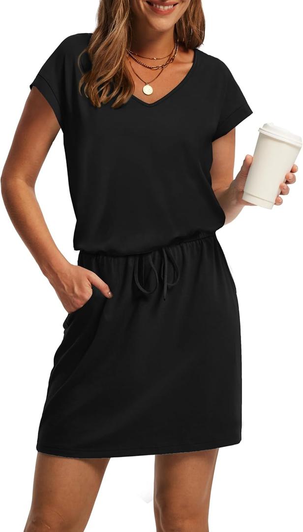 OFEEFAN Summer Dresses for Women 2025 V Neck T Shirt Casual Mini Dresses Tie Waist Sundresses with Pockets (X-Large, Black)