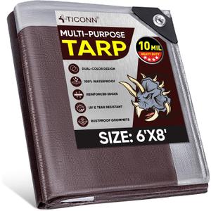 TICONN Heavy Duty Tarp Cover, Extra Thick Tarps Waterproof Tear and Rip Proof UV Resistant Tarpaulin with Reinforced Grommets and Edges (10 Mil, 6'x8') TICONN Heavy Duty Tarp Cover, Extra Thick Tarps Waterproof Tear and Rip Proof UV Resistant Tarpaulin with Reinforced Grommets and Edges (10 Mil, 6'x8')