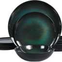 Melamine Dinnerware Set, 12pcs Plates and Bowls Set, Green Dinner Dishes Set for Indoor and Outdoor, BPA-Free, Dishwasher Safe Green