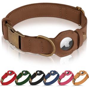 AirTag Dog Collar - Genuine Leather Dog Collar with Apple AirTag Holder and Metal Buckle - Smart GPS Tracking Pet Collars (Tawny, XS, 9"-12" Neck Fit)